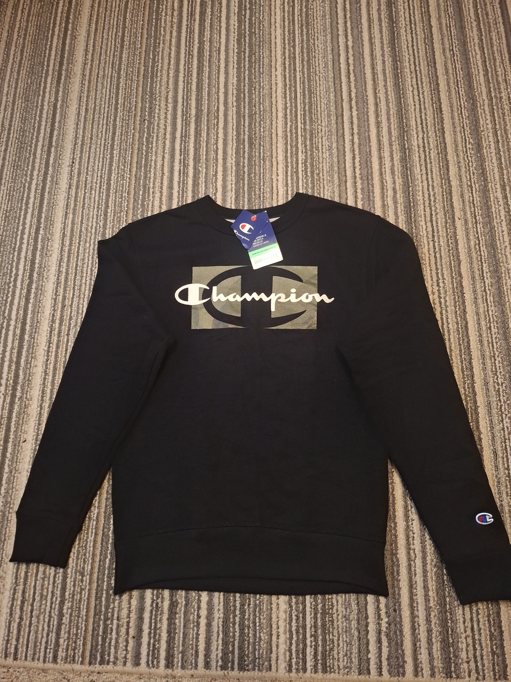 Champion Black Crewneck Sweatshirt with Olive Logo Panel